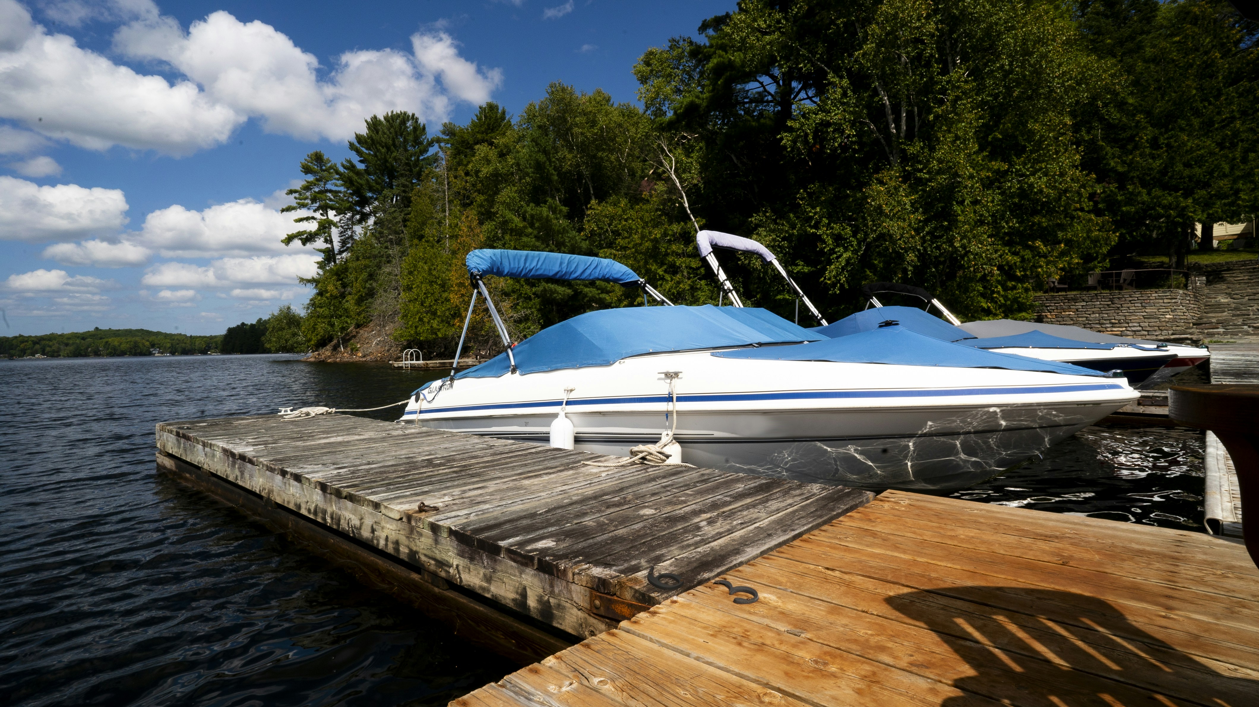 A blue and white boat docked at a wooden dock photo Free Haliburton