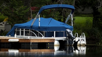 A blue canopied pontoon boat is docked on a wooden pier surrounded by green trees and foliage. The boat has metal railings and an outboard motor attached at the back. The water reflects the boat and the surrounding greenery, creating a serene waterfront scene.