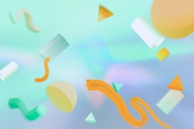 An abstract composition featuring various geometric shapes in different sizes and colors, including cylinders, cones, and flowing ribbon-like forms. A soft, pastel color palette with predominant blues, greens, and oranges creates a dreamlike quality.