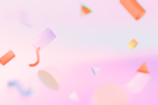 A collection of abstract shapes including cylinders, cones, and curves, floating in a pastel-colored space with a soft gradient. The shapes appear to be blurred, giving a sense of motion and dreaminess.