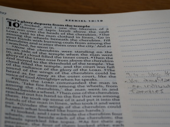 A close-up view of a page from a book with a passage from Ezekiel 10:1-19. The text is black and aligns in justified margins on an off-white background. On the right side, there is a lined margin with some handwritten notes in blue ink.