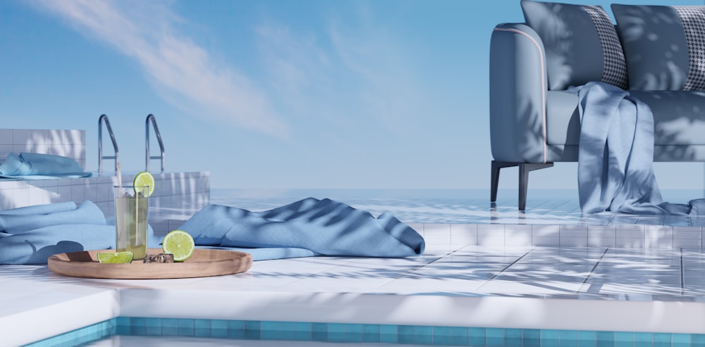 a room with a pool, a chair, and a tray of limes