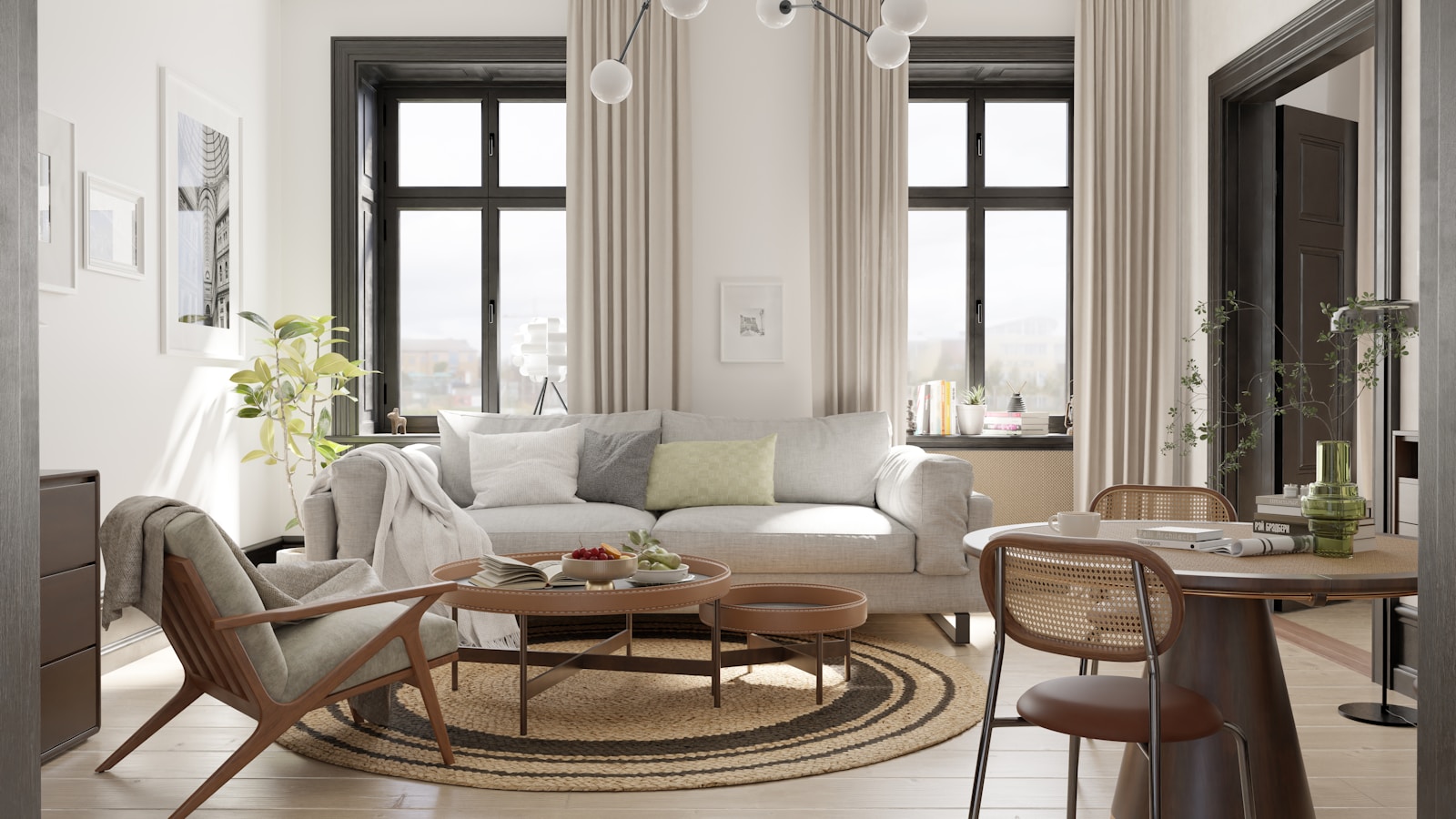 500 sq ft studio apartment with light sofa accent chair dining table and large windows