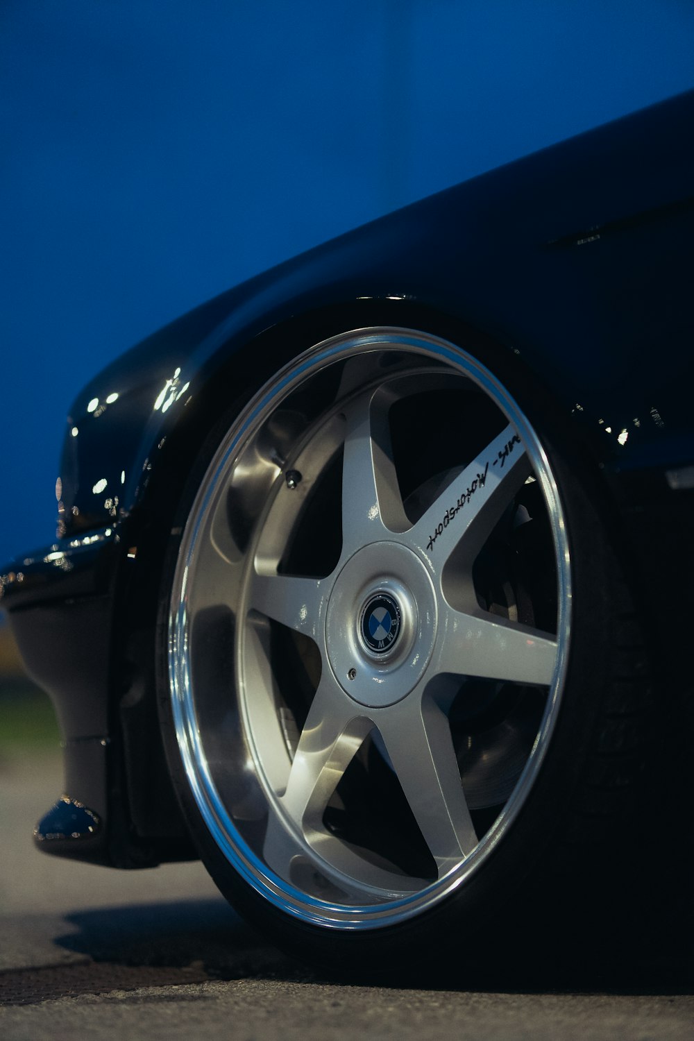 a close up of a wheel on a car
