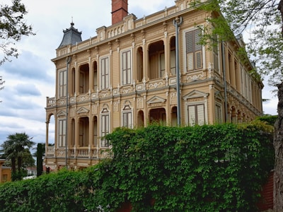 A large, ornate, beige mansion with intricate architectural details, including columns and decorative moldings. The building has multiple windows with shutters and a prominent chimney. Lush green foliage partially covers the lower part of the mansion. The sky is cloudy, adding a dramatic backdrop.
