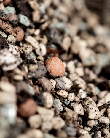 Close-up of various construction aggregates like sand, gravel, and stones arranged neatly.
