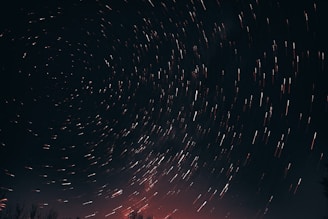Long exposure photograph of the night sky capturing star trails in circular patterns across the dark canvas. The bottom of the image softly glows with a reddish hue, hinting at the horizon or distant light pollution. Sparse silhouettes of tree branches frame the lower corners.