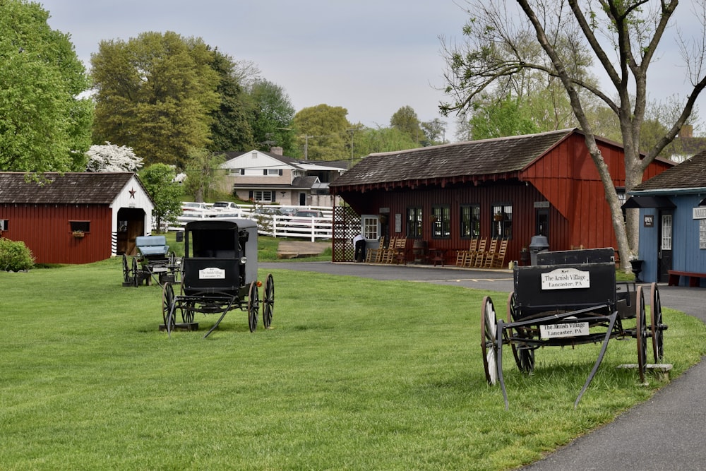 a couple of horse drawn carriages sitting on top of a lush green field