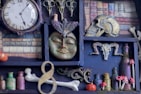 An assortment of quirky and charming random gifts displayed on a rustic shelf.