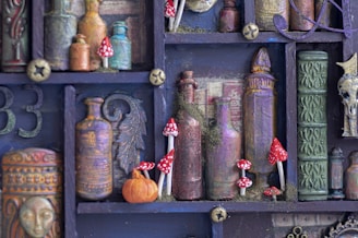 a shelf filled with lots of different types of items