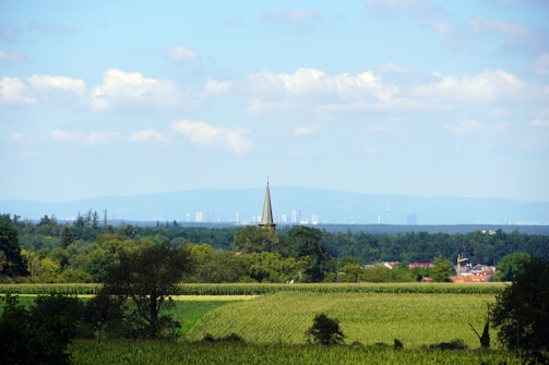 A lush green landscape with fields in the foreground and a mixture of dense trees and open spaces. A church steeple rises above the trees with a hazy city skyline visible in the distance under a partly cloudy blue sky.