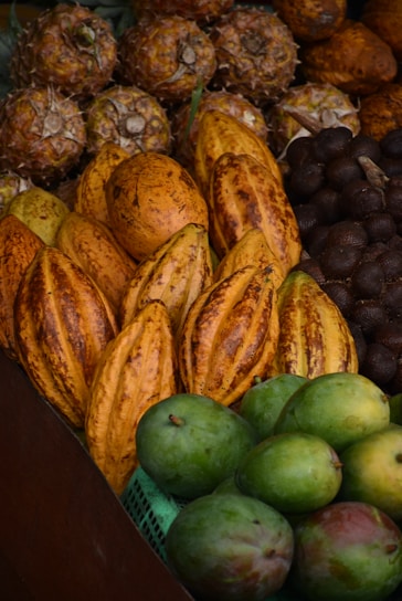 A variety of tropical fruits are displayed in close arrangement, including pineapples, cacao pods, and green mangoes. The fruits are layered in rows, showcasing their distinct colors and textures.