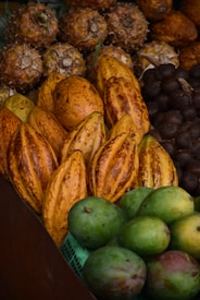 A variety of tropical fruits are displayed in close arrangement, including pineapples, cacao pods, and green mangoes. The fruits are layered in rows, showcasing their distinct colors and textures.