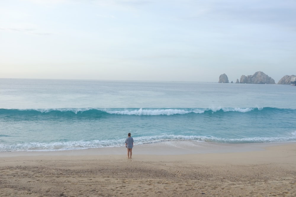 a person standing on a beach next to the ocean