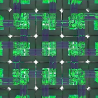 The third pillar revealing an expansive, multi-layered enterprise grid glowing with subtle depth.