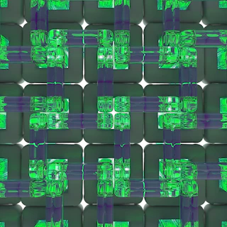The third pillar revealing an expansive, multi-layered enterprise grid glowing with subtle depth.