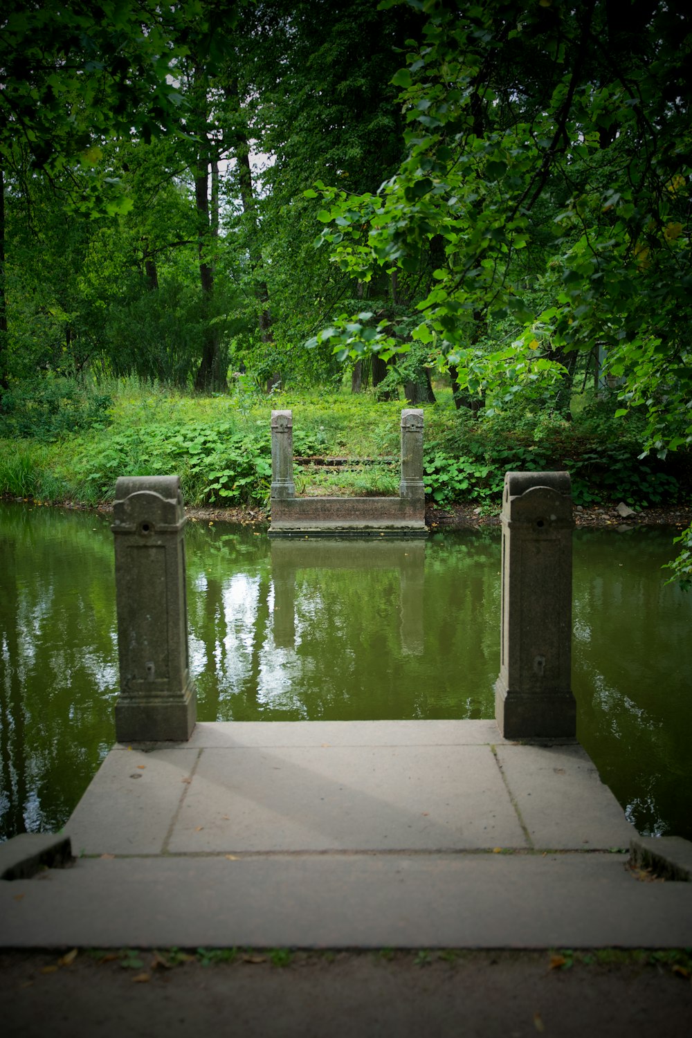 a small pond with a bridge in the middle of it