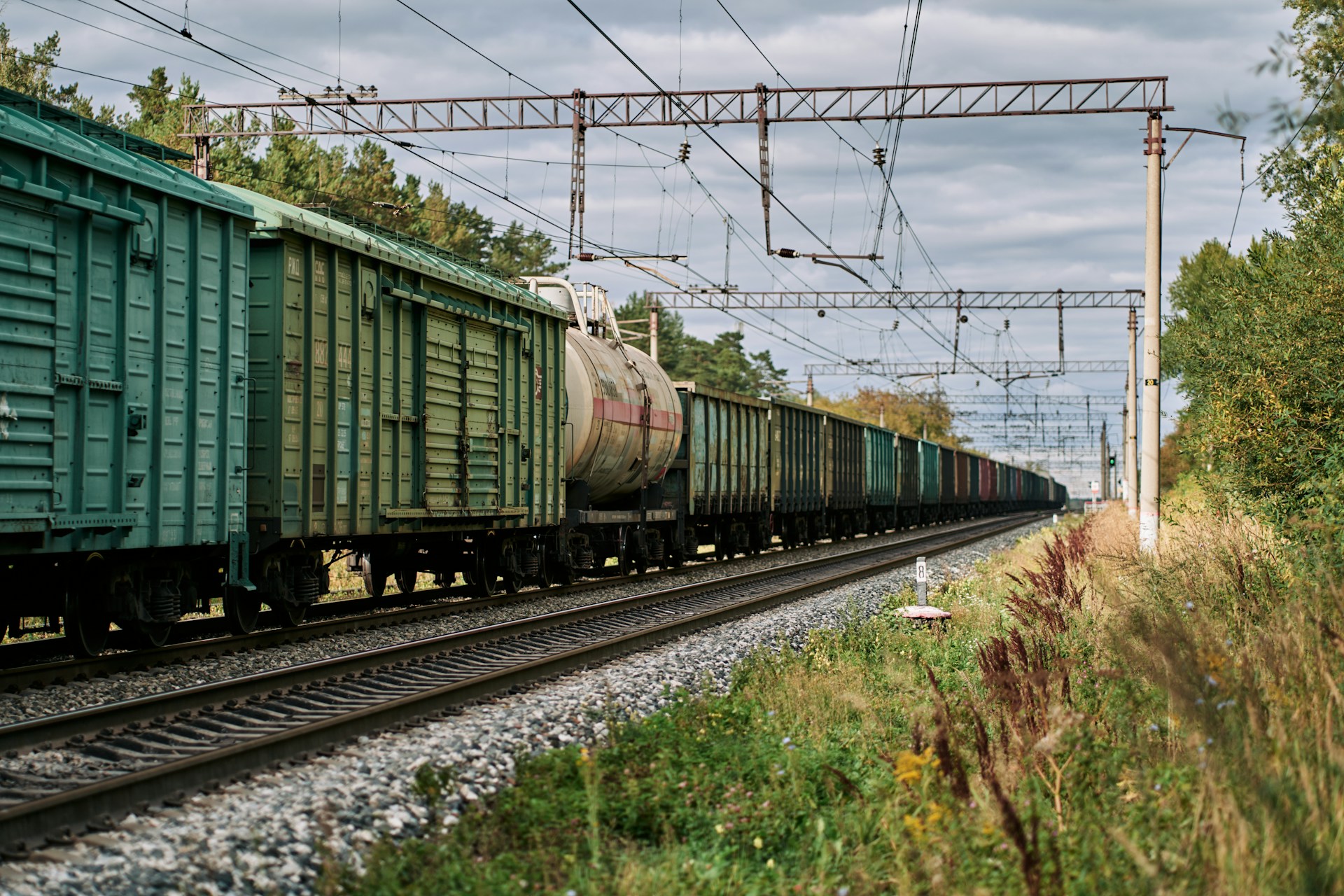 a green train traveling down train tracks next to a forest