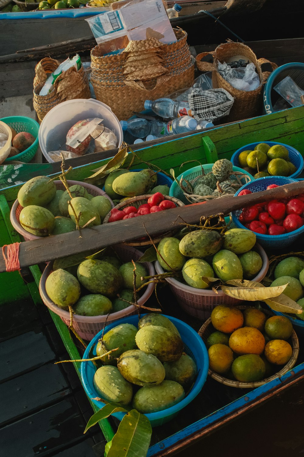 a bunch of fruit that are on a table