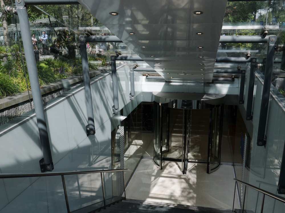 a view of the inside of a building from the top of the stairs