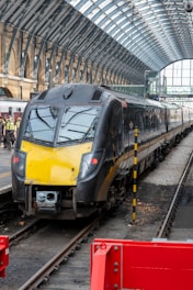 a yellow and black train pulling into a train station