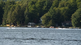 A serene lakeside scene with cabins nestled among lush green trees. The foreground features a calm lake, where people are engaging in water activities like jet skiing. The horizon is dominated by dense forest, creating a peaceful and recreational atmosphere.
