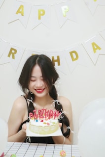A person with long dark hair and a cheerful expression is holding a small cake with multicolored decorations and 'Birthday' candles. The background is decorated with a banner spelling 'Happy Birthday' in gold letters, and there are balloons around.