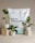 A white bag of soil labeled 'Erde für Zimmerpflanzen ohne Torf' is placed as the backdrop. In front, three potted green plants are displayed on beige pedestals of varying heights. The soil bag has branding and text in German and French, indicating that it is intended for indoor plants. The plants are in white, ribbed pots, and two are positioned on the pedestals for an aesthetically balanced arrangement.