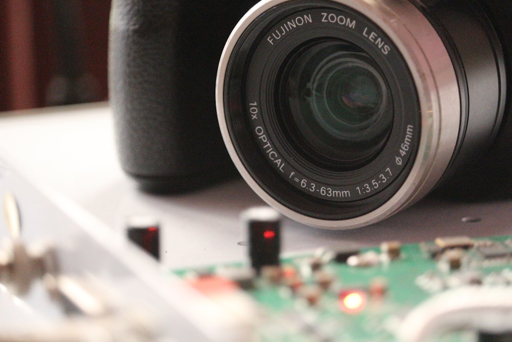 a close up of a camera on a table