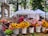A vibrant outdoor flower market displays an array of colorful flowers, including sunflowers, lilies, and other floral varieties. Several white tents are set up in the background, providing shelter for vendors and visitors. People are engaged in leisurely activities around the market, with trees and a historic stone monument adding to the serene setting.
