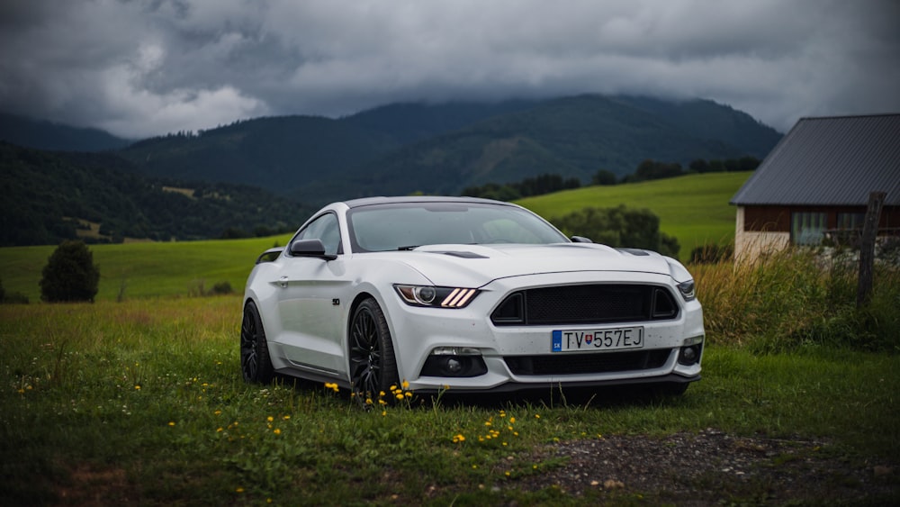 a white car parked in a field with mountains in the background