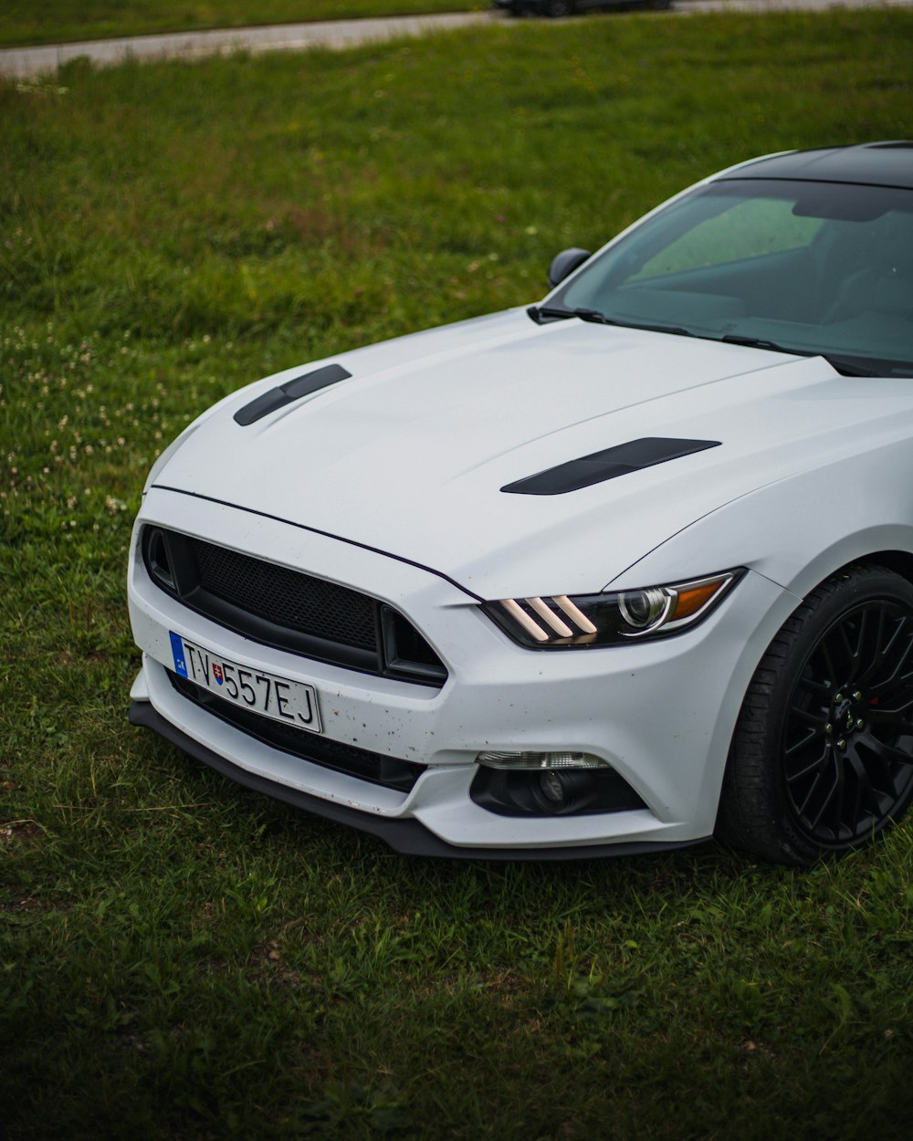 a white mustang parked in a grassy field