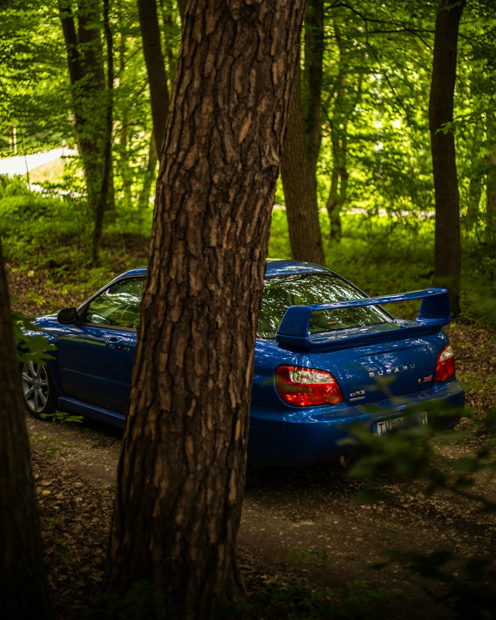 a blue car is parked in the woods