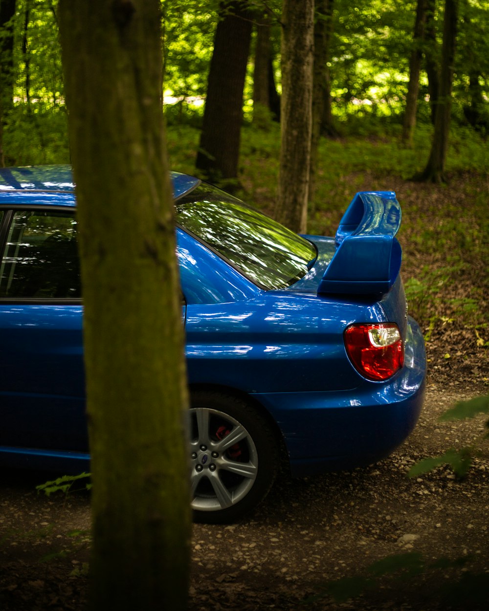 a blue car parked in a wooded area