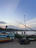 Sunset over the palm-lined beaches of Ouidah, with fishermen preparing their boats