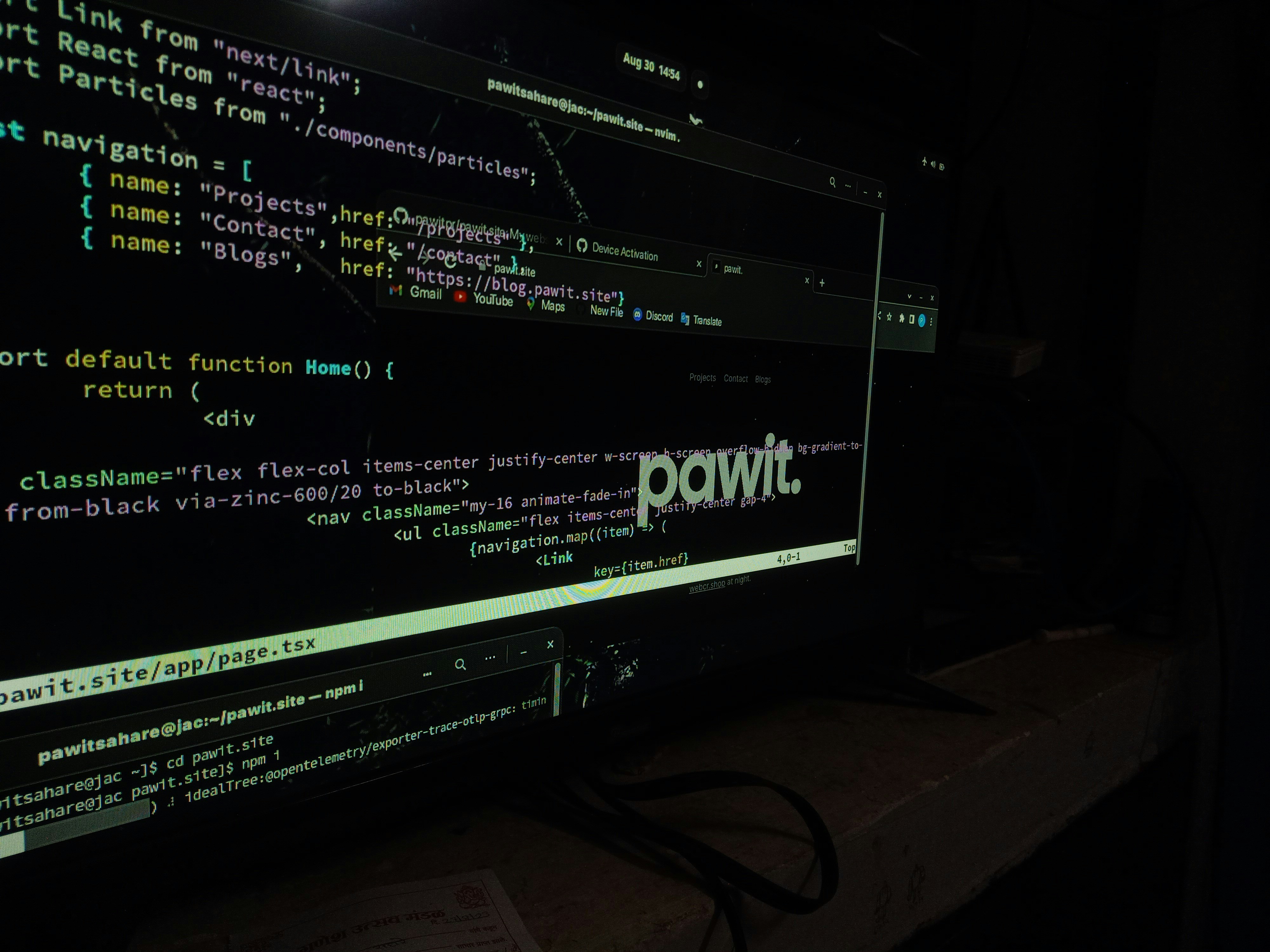 A computer screen displaying code in a dark-themed text editor. The code appears to be written in JavaScript, featuring functions and navigation links. There are file paths and command line interface windows open. A dark environment enhances the glow of the screen.