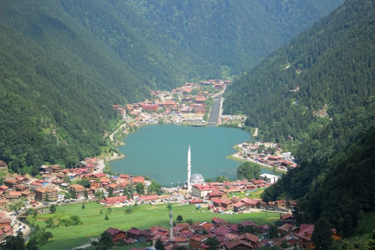 A picturesque village lies nestled between lush green mountains with a serene lake at its center. The village is characterized by its red-roofed buildings and a prominent white mosque with a tall minaret in the foreground. The surrounding dense forest and the blue-green lake create a tranquil and scenic atmosphere.