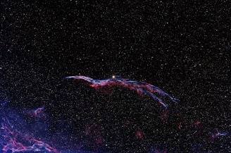A vast expanse of space filled with numerous stars scattered against a pitch-black background. A prominent feature is an arcing, colorful nebula with hues of red, blue, and purple, resembling delicate cosmic threads.