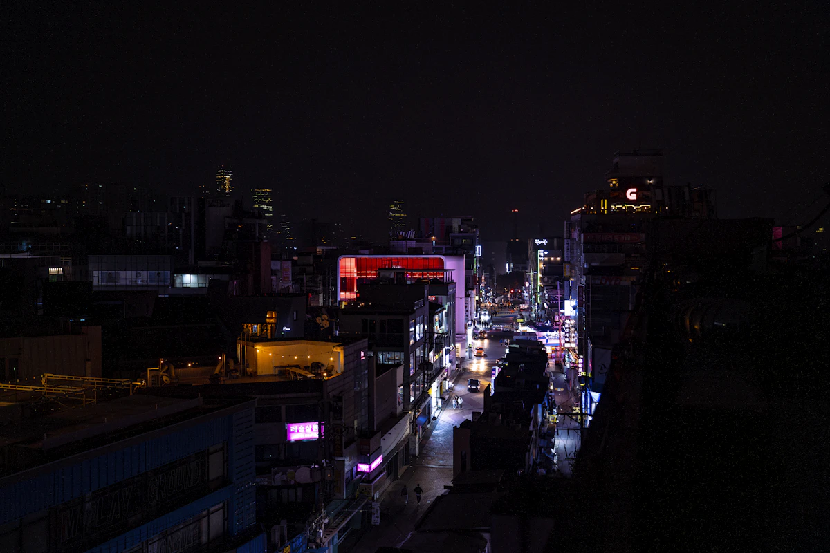 Seoul rooftops at night with a neon-lit street in the distance
