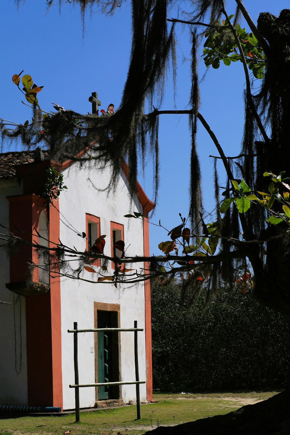 a white and red house with a tree in front of it