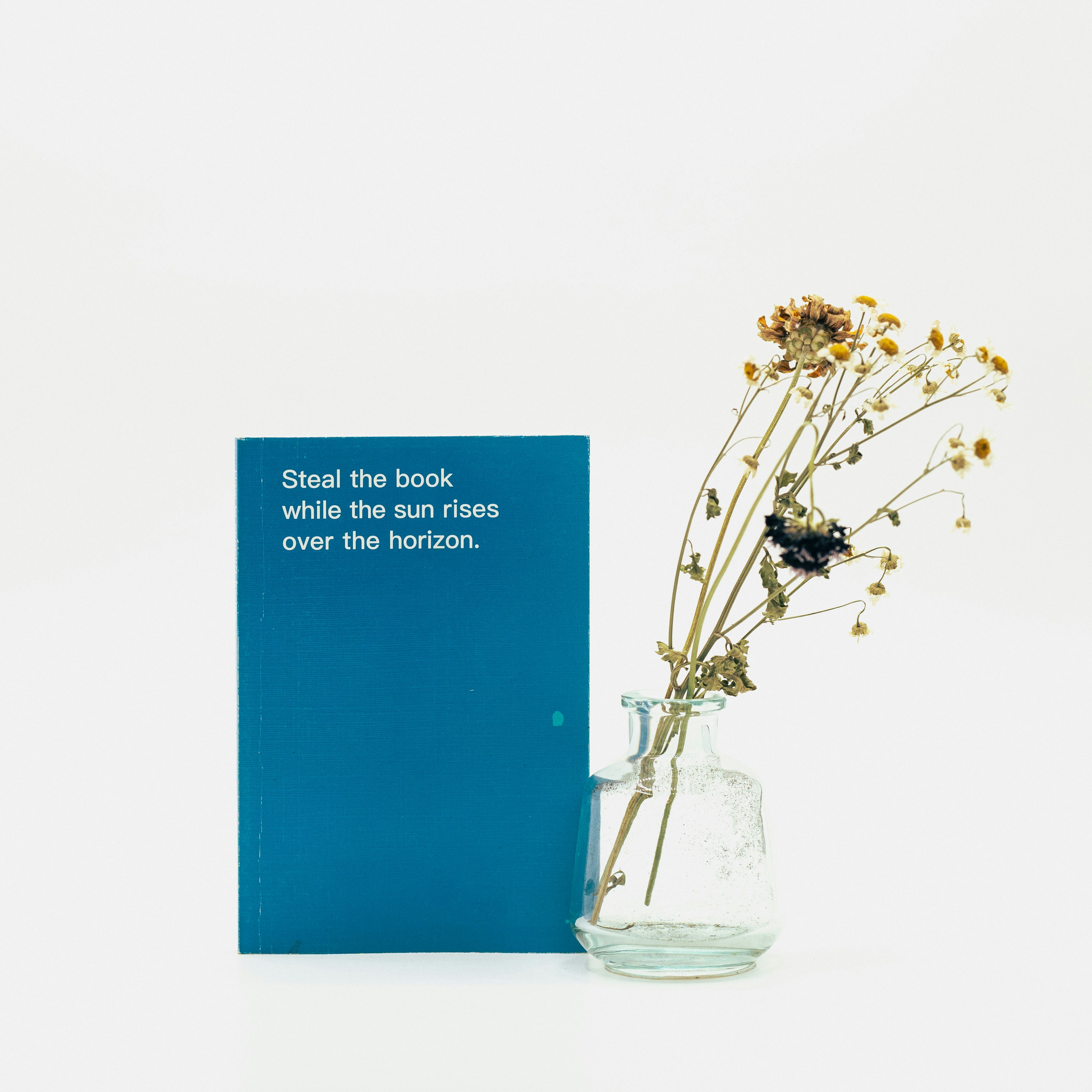 a vase with flowers in it next to a book