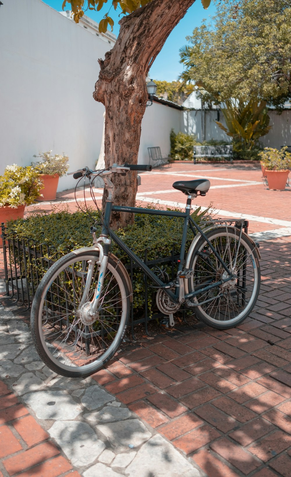 a bicycle parked next to a tree on a brick walkway