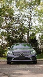 A luxury silver car is parked on a cobblestone path, surrounded by lush green trees. The car is centered in the frame, with its grille and emblem prominently displayed. The background features a mix of sunlight and shadows filtering through the tree branches.