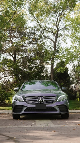 A luxury silver car is parked on a cobblestone path, surrounded by lush green trees. The car is centered in the frame, with its grille and emblem prominently displayed. The background features a mix of sunlight and shadows filtering through the tree branches.