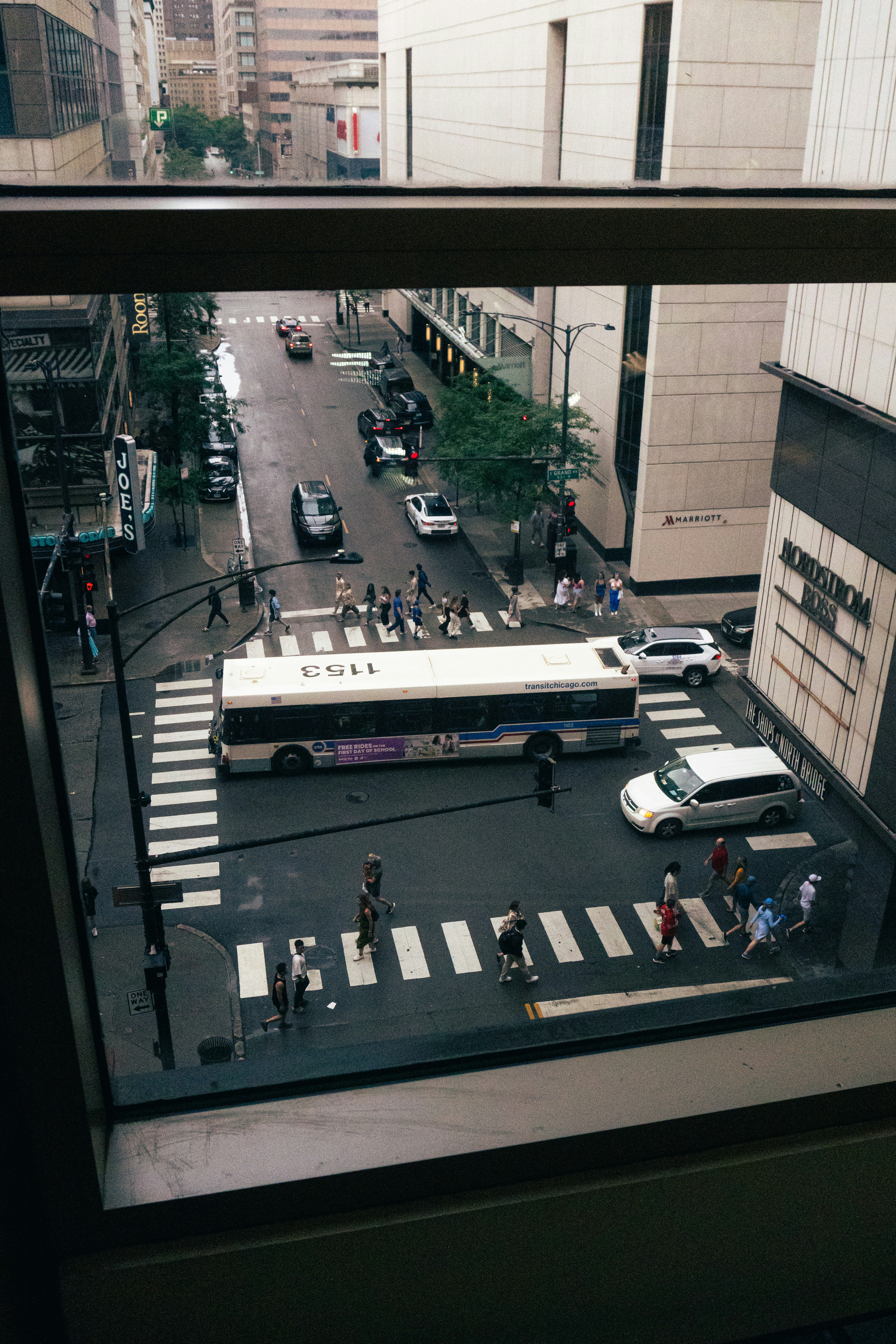 a view of a city street from a window