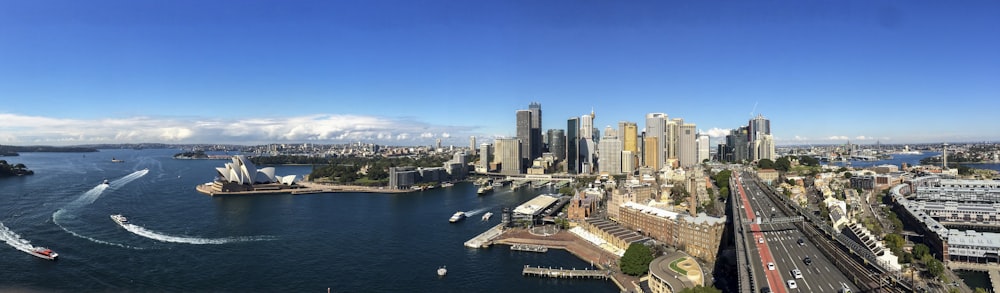 an aerial view of a city and a harbor