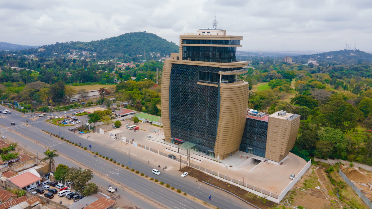 An aerial view of a building in a city