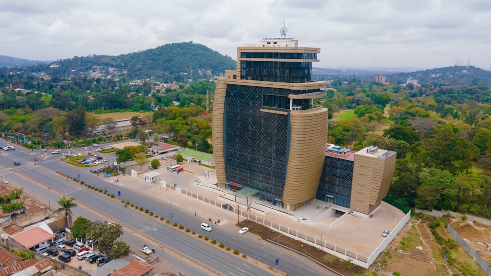 an aerial view of a building in a city