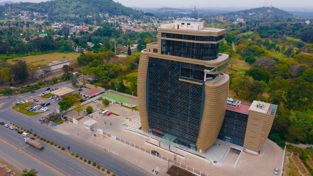 an aerial view of a building in a city