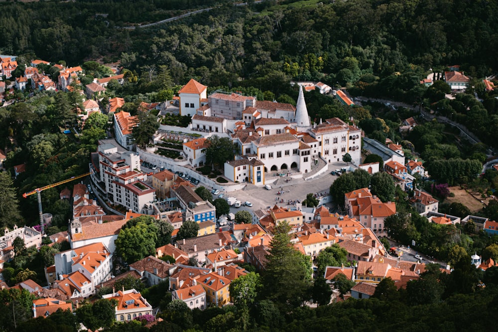 an aerial view of a city with many buildings